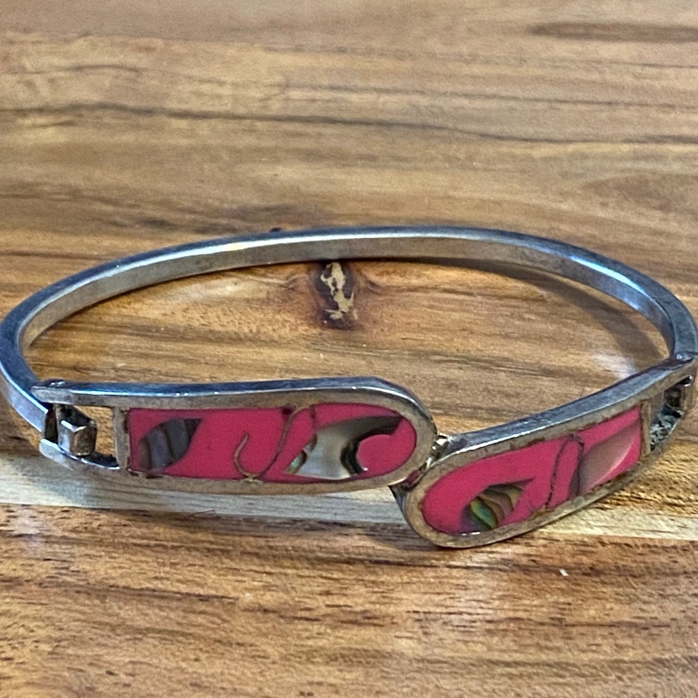 Vintage “Mexico Alpaca” silver pink resin & shell bracelet